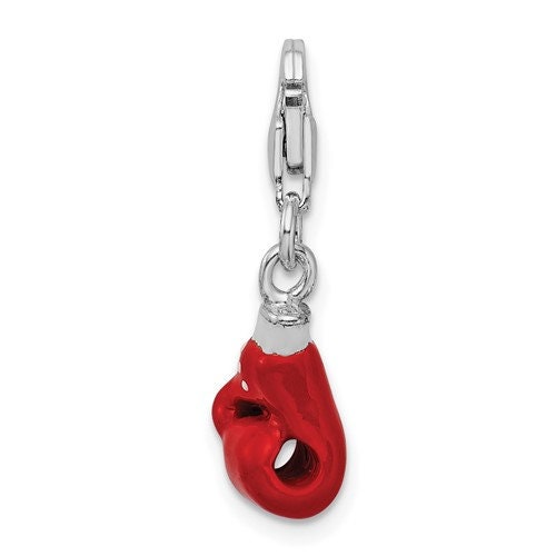 Sterling Silver .925 Enameled 3-D Boxing Glove Charm with Lobster Clasp Ideal for Charm Bracelet or Necklace .8"