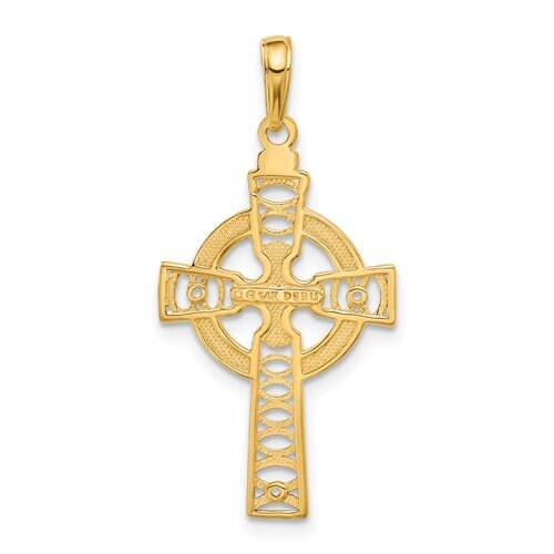 14k Solid Yellow Gold Celtic Iona Claddagh Cross with Eternity Circle Charm Pendant 1.25" Long x .7" Width. Classic Religious Irish Jewelry