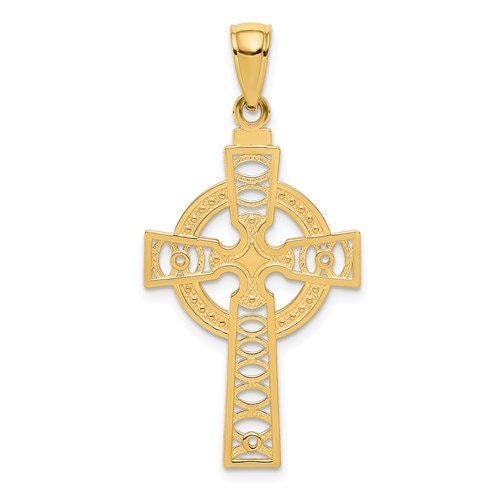 14k Solid Yellow Gold Celtic Iona Claddagh Cross with Eternity Circle Charm Pendant 1.25" Long x .7" Width. Classic Religious Irish Jewelry