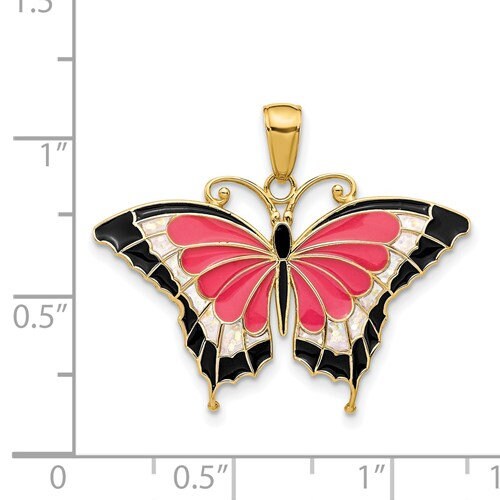 Solid 14K Yellow Gold Red Black Blue Aqua Yellow Green Enameled Butterfly Pendant Charm .9" Long x 1.1" Wide