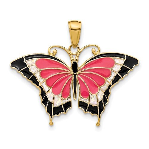 Solid 14K Yellow Gold Red Black Blue Aqua Yellow Green Enameled Butterfly Pendant Charm .9" Long x 1.1" Wide