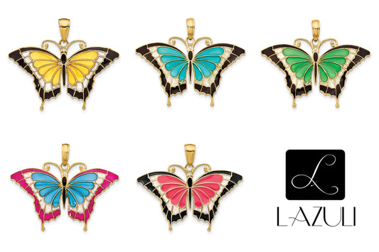 Solid 14K Yellow Gold Red Black Blue Aqua Yellow Green Enameled Butterfly Pendant Charm .9" Long x 1.1" Wide