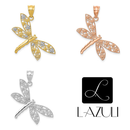 Solid 14K Yellow, Rose or White Gold Filigree Dragonfly Pendant Charm 1.1" Long x 1" Wide