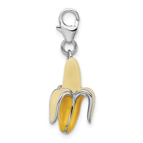 Sterling Silver .925 Enameled 3-D Peeled Banana Charm with Lobster Clasp Ideal for Charm Bracelet or Necklace 1.2"