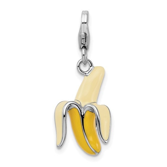 Sterling Silver .925 Enameled 3-D Peeled Banana Charm with Lobster Clasp Ideal for Charm Bracelet or Necklace 1.2"