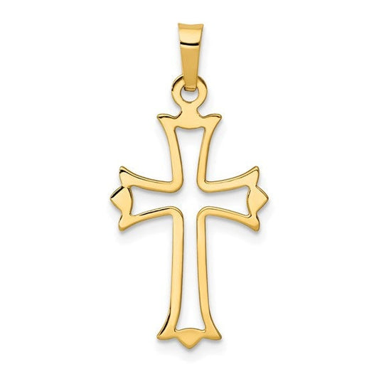 14k Solid Yellow Gold Fleur de Lis Cross Polished Cut-out Charm Pendant 1" Long x .5" Width