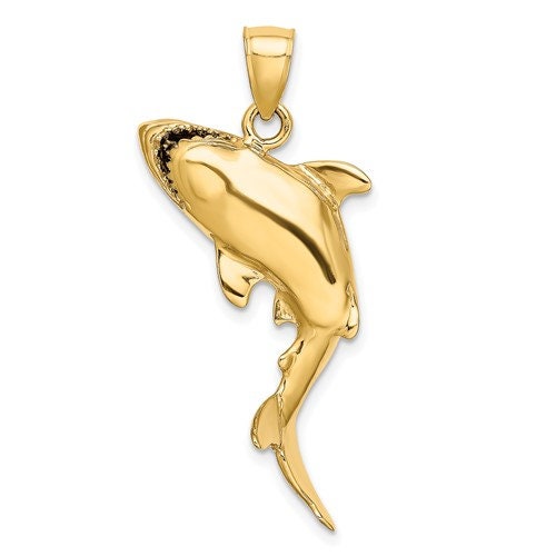 14K Solid Yellow Gold 3-D Polished Shark Pendant Charm .9" Long x 1.25" Wide 6.3 grams