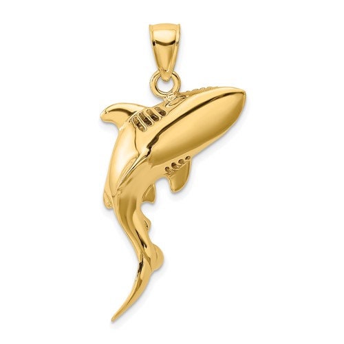14K Solid Yellow Gold 3-D Polished Shark Pendant Charm .9" Long x 1.25" Wide 6.3 grams