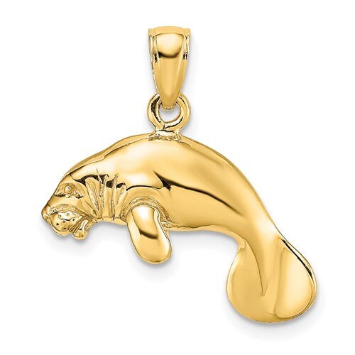 14K Solid Yellow Gold 3-D Polished Swimming Manatee Pendant Charm .5" Long x .9" Wide 4.9 grams