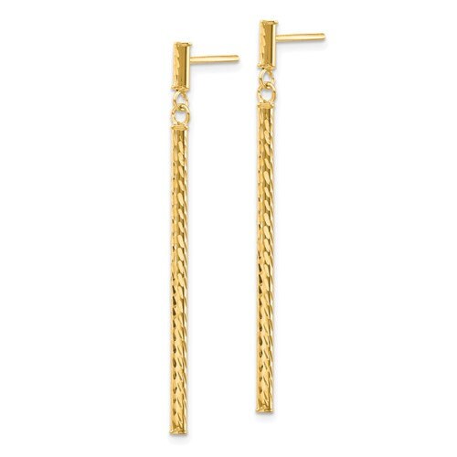 14K Yellow Gold Polished & Diamond Cut Bar Dangle Post 1.6" Long Earrings, Simple Minimalist Dainty Modern NOT gold filed NOT gold-plated