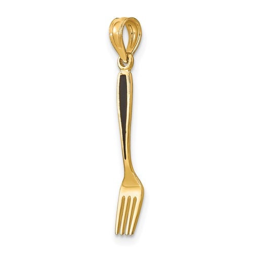 14K or 10K Solid Yellow Gold Polished Black Enamel 3-D Table Fork Charm Pendant Charm .8" Long x 4mm Wide. Great 4 Necklace / Charm Bracelet