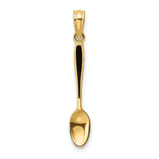 14K Solid Yellow Gold Polished Black Enamel 3-D Table Spoon Charm Pendant Charm .8" Long x 4mm Wide. Great 4 Necklace / Charm Bracelet