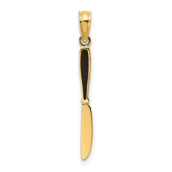 14K Solid Yellow Gold Polished Black Enamel 3-D Table Knife Charm Pendant Charm .8" Long x 3mm Wide. Great 4 Necklace / Charm Bracelet