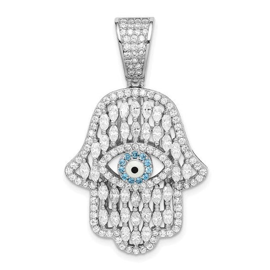 Large 925 Sterling Silver Rhodium-plated Hamsa or Chamseh Evil Eye Pendant Charm for a Chain or Necklace 1.4" Long Cubic Zirconia