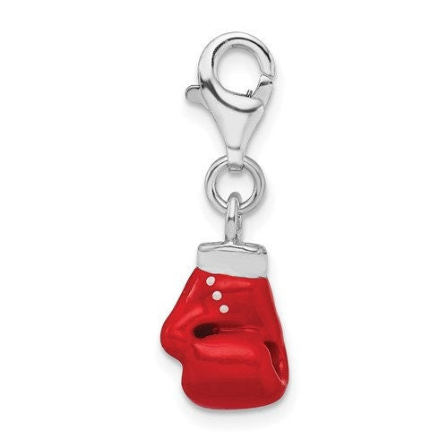 Sterling Silver .925 Enameled 3-D Boxing Glove Charm with Lobster Clasp Ideal for Charm Bracelet or Necklace .8"