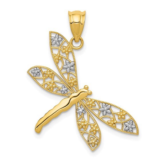 Solid 14K Yellow, Rose or White Gold Filigree Dragonfly Pendant Charm 1.1" Long x 1" Wide