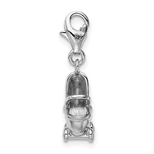 Sterling Silver .925 Enameled 3-D Baby Carriage Charm with Lobster Clasp Ideal for Charm Bracelet or Necklace 1.2"