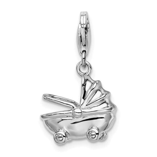 Sterling Silver .925 Enameled 3-D Baby Carriage Charm with Lobster Clasp Ideal for Charm Bracelet or Necklace 1.2"
