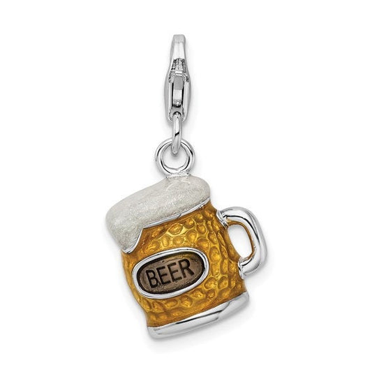 Sterling Silver .925 Enameled 3-D Beer Mug Charm with Lobster Clasp Ideal for Charm Bracelet or Necklace 3/4 "