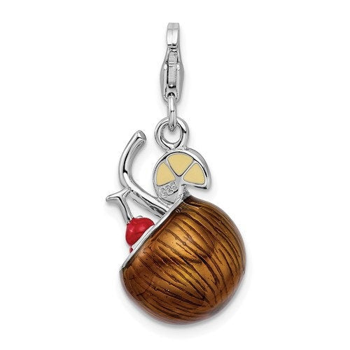 Sterling Silver .925 Enameled 3-D Pina Colada Charm with Lobster Clasp Ideal for Charm Bracelet or Necklace 1 1/4"