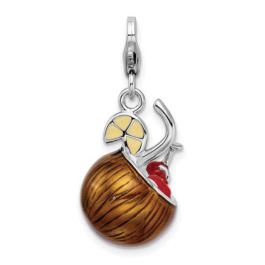 Sterling Silver .925 Enameled 3-D Pina Colada Charm with Lobster Clasp Ideal for Charm Bracelet or Necklace 1 1/4"