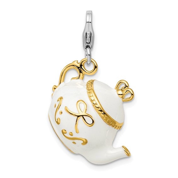 Sterling Silver .925 Enameled Tea Pot Charm with Lobster Clasp Ideal for Charm Bracelet or Necklace 1 1/4"