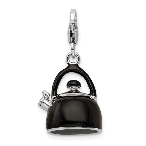 Sterling Silver .925 Enameled Black Tea Kettle Charm with Lobster Clasp Ideal for Charm Bracelet or Necklace 1 1/4"