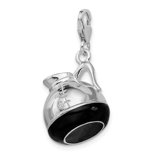 Sterling Silver .925 Enameled Black Coffee Pot Charm with Lobster Clasp Ideal for Charm Bracelet or Necklace 1 1/4"