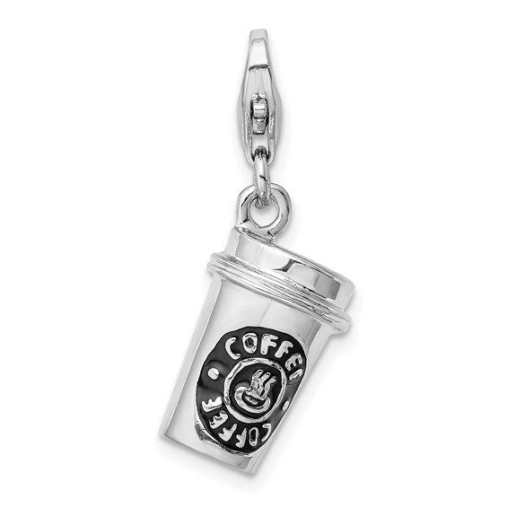 Sterling Silver .925 Enameled To Go Coffee Cup Charm with Lobster Clasp Ideal for Charm Bracelet or Necklace 1 1/4"