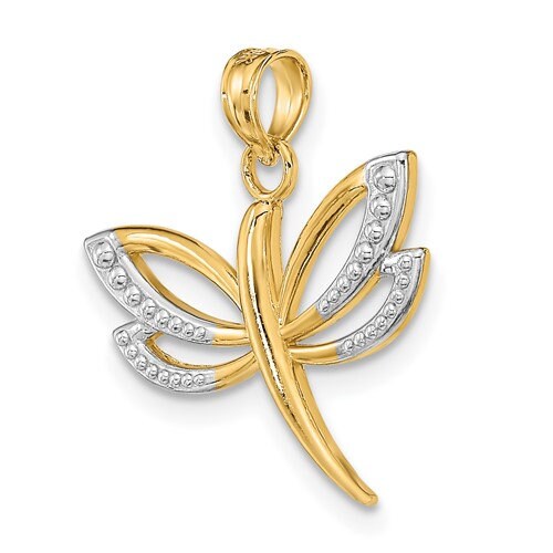 10K Solid Yellow with Rhodium Textured Dragonfly Gold Small Butterfly Pendant Charm .7" Long