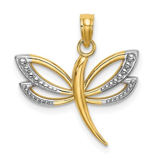 10K Solid Yellow with Rhodium Textured Dragonfly Gold Small Butterfly Pendant Charm .7" Long