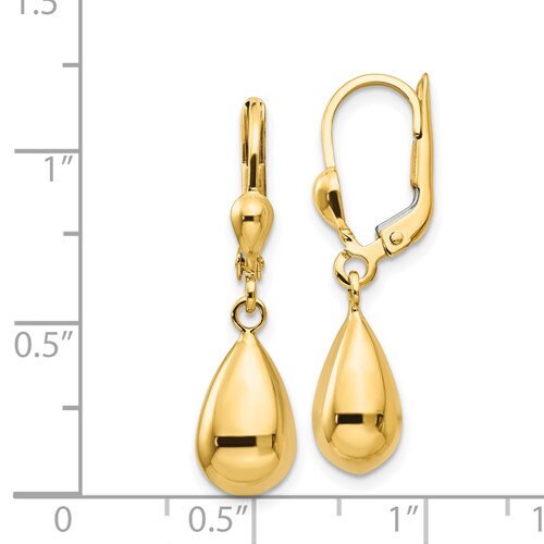 10K Yellow Gold Teardrop Dangle Lever back 1 1/4" Long Earrings, Simple Minimalist Dainty Modern NOT gold filed NOT gold-plated Ships Free