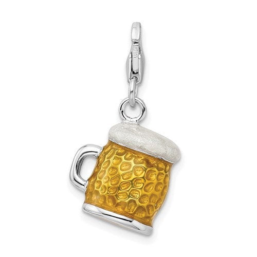 Sterling Silver .925 Enameled 3-D Beer Mug Charm with Lobster Clasp Ideal for Charm Bracelet or Necklace 3/4 "