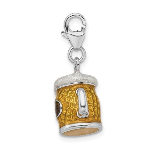 Sterling Silver .925 Enameled 3-D Beer Mug Charm with Lobster Clasp Ideal for Charm Bracelet or Necklace 3/4 "