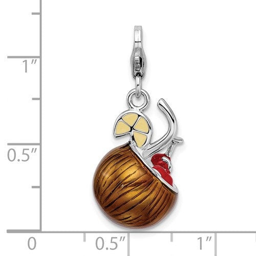 Sterling Silver .925 Enameled 3-D Pina Colada Charm with Lobster Clasp Ideal for Charm Bracelet or Necklace 1 1/4"