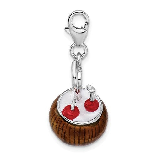 Sterling Silver .925 Enameled 3-D Pina Colada Charm with Lobster Clasp Ideal for Charm Bracelet or Necklace 1 1/4"