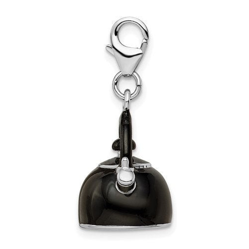 Sterling Silver .925 Enameled Black Tea Kettle Charm with Lobster Clasp Ideal for Charm Bracelet or Necklace 1 1/4"