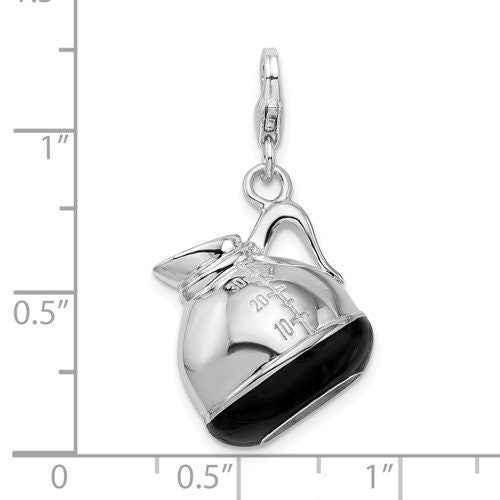 Sterling Silver .925 Enameled Black Coffee Pot Charm with Lobster Clasp Ideal for Charm Bracelet or Necklace 1 1/4"