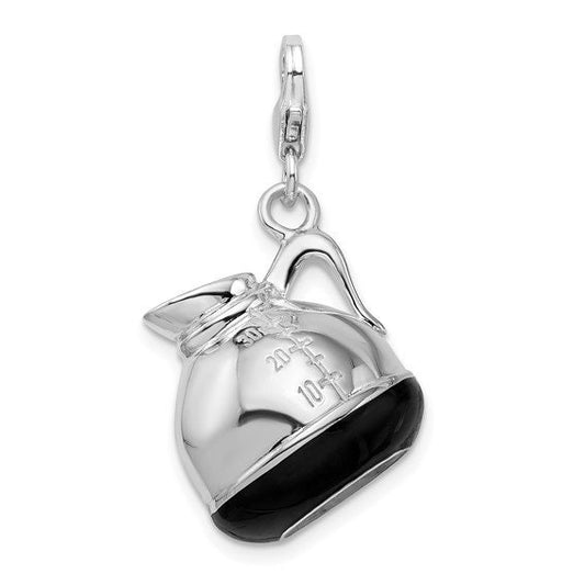 Sterling Silver .925 Enameled Black Coffee Pot Charm with Lobster Clasp Ideal for Charm Bracelet or Necklace 1 1/4"