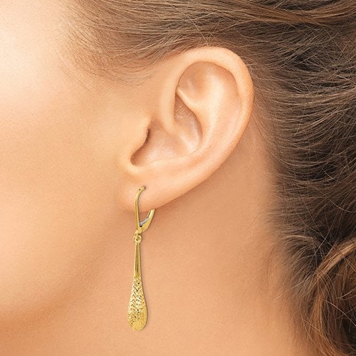 14K Yellow or White Gold Diamond Cut Teardrop Dangle Lever back 1 1/2" Long Earrings, Simple Minimalist Dainty Modern NOT gold filed