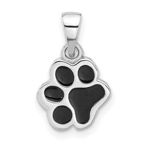 925 Sterling Silver Tiny Solid Dog Paw Puppy Pendant Charm for a Chain or Necklace  .5" Long Black Enameled.
