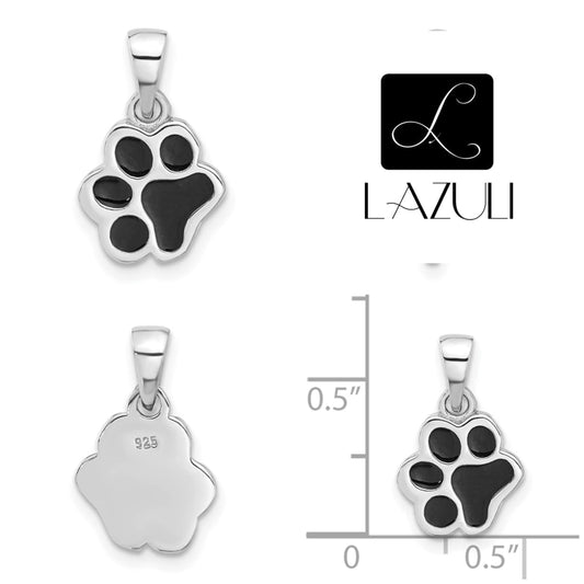 925 Sterling Silver Tiny Solid Dog Paw Puppy Pendant Charm for a Chain or Necklace .5" Long Black Enameled.