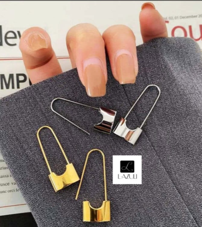 Pair of 18K Gold Plated Safety Pin Earrings, Drop 1.2" Long, Paperclip Earrings, Lock Earring Padlock Earrings.  Simple Minimalist Dainty