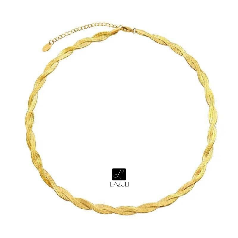 18K Gold Plated Twisted Double Layer Herringbone Chain Snake Choker Necklace 16" with 2" Extension or 6.5" Bracelet with 2.5" Extension.