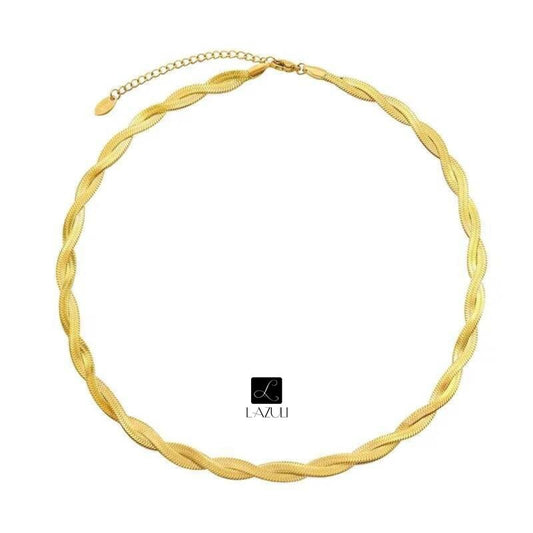 18K Gold Plated Twisted Double Layer Herringbone Chain Snake Choker Necklace 16" with 2" Extension or 6.5" Bracelet with 2.5" Extension.
