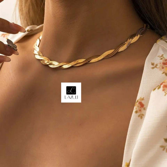 18K Gold Plated Twisted Double Layer Herringbone Chain Snake Choker Necklace 16" with 2" Extension or 6.5" Bracelet with 2.5" Extension.