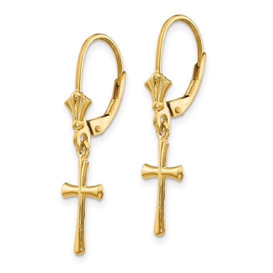 14K Yellow Gold Cross Dangle Leverback  1" Long Earrings, Simple Minimalist Dainty Modern NOT gold filed NOT gold plated Ships Free