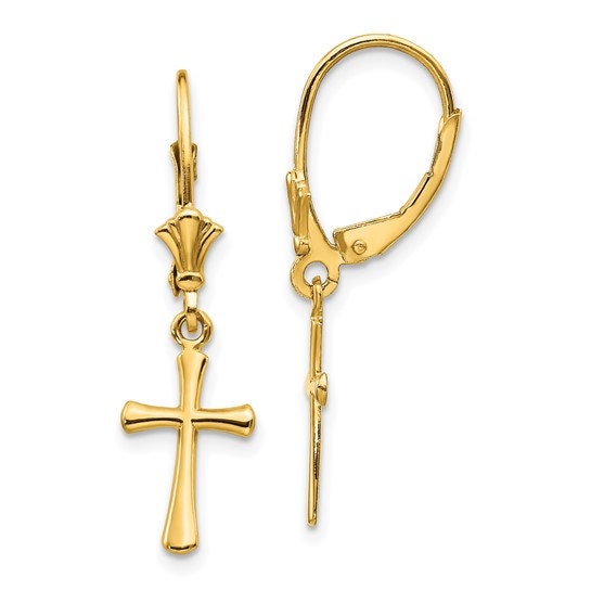 14K Yellow Gold Cross Dangle Leverback  1" Long Earrings, Simple Minimalist Dainty Modern NOT gold filed NOT gold plated Ships Free