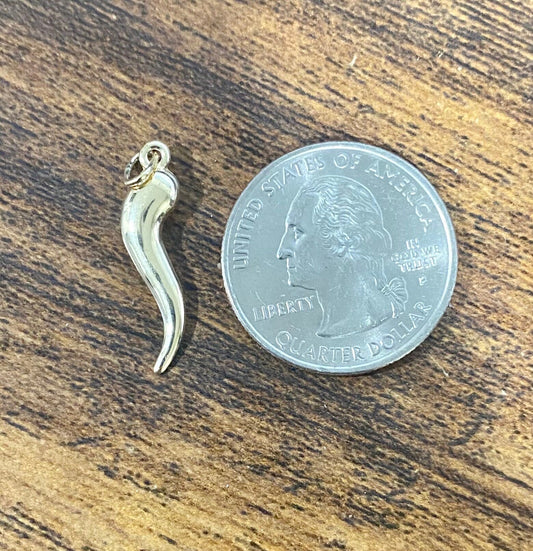 14k Solid Yellow Gold Italian Horn Pendant Charm Good Luck for a Chain or Necklace 1.2" Long. Not Gold Plated. Real 14K Gold