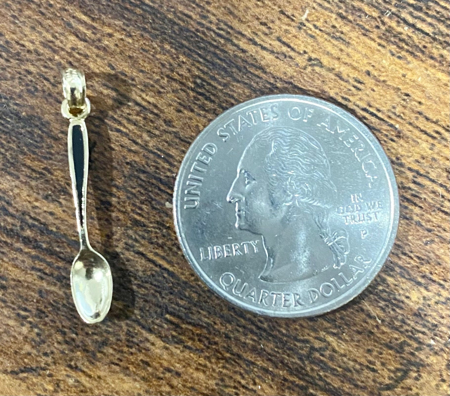 14K Solid Yellow Gold Polished Black Enamel 3-D Table Spoon Charm Pendant Charm .8" Long x 4mm Wide. Great 4 Necklace / Charm Bracelet